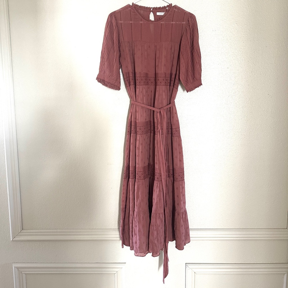 Rose cotton ankle-length dress, eyelet pattern. Semi-sheer, unlined